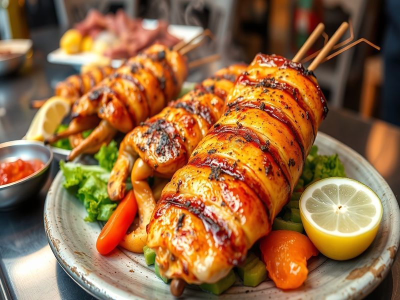 Grillades de poissons et fruits de mer préparées sur place à Tanger.